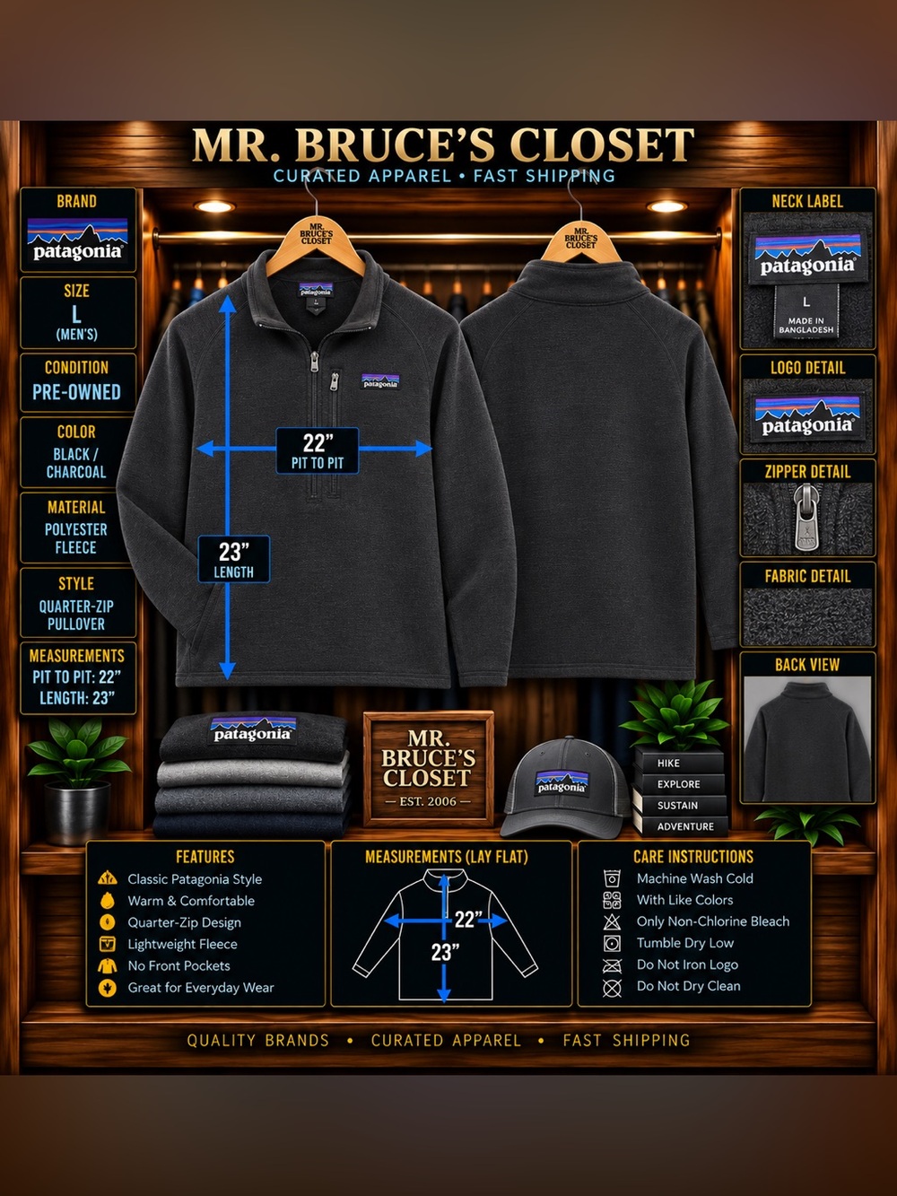 Patagonia Men’s Black/Charcoal Quarter-Zip Fleece Pullover